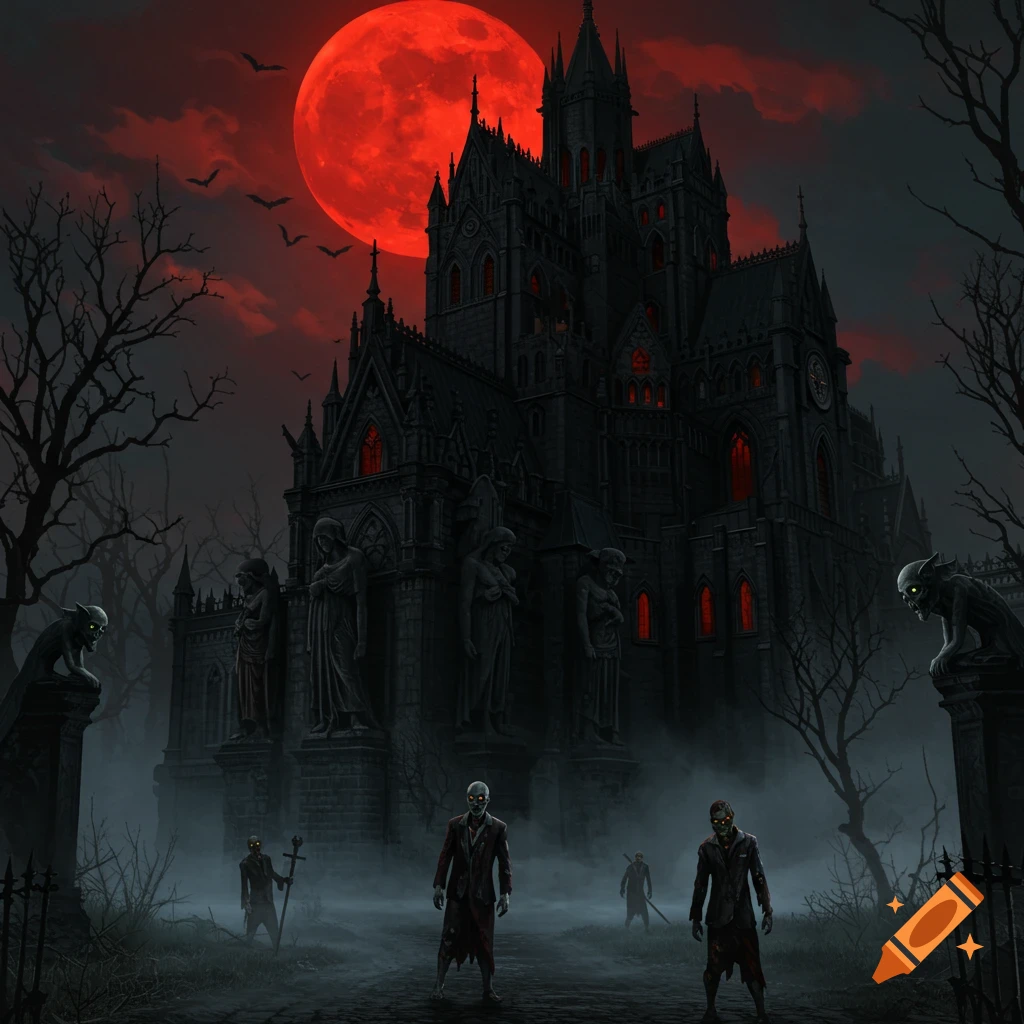 A dark gothic castle stands under a blood-red moon as zombies walk through an eerie, desolate landscape.
