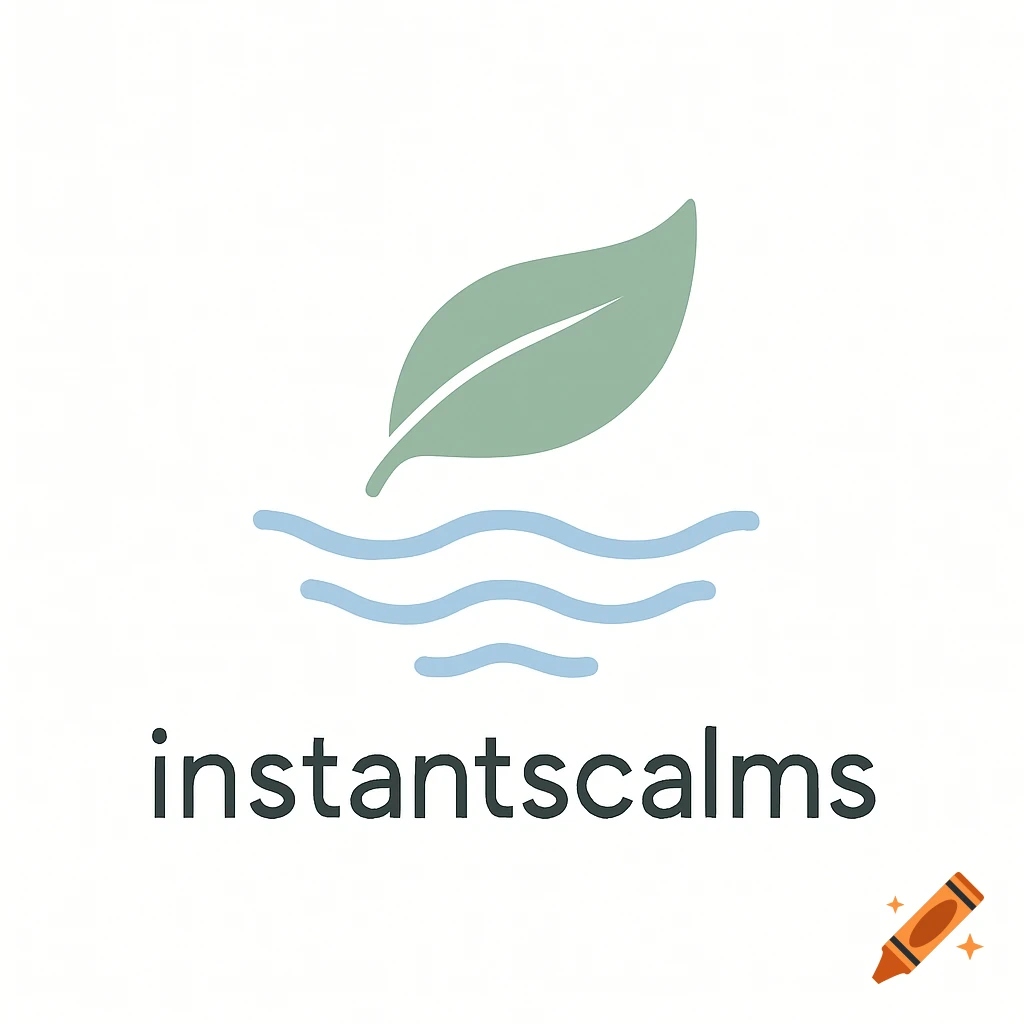 Minimalist logo for 'instantscalms' featuring a sage green leaf floating above pastel blue water waves.