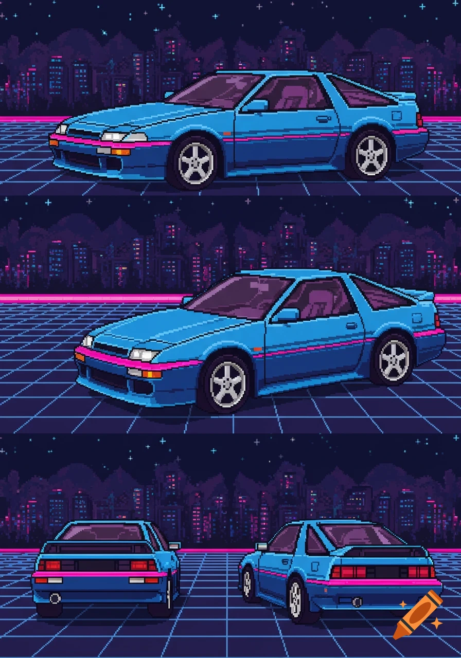 Blue pixel art 90s sports car with pink accents, shown from various angles on a grid road with a retro city skyline.