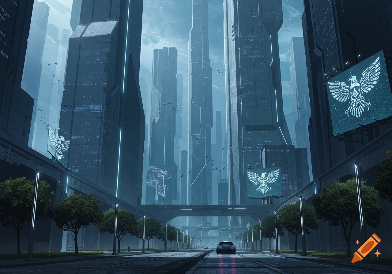 A dark, futuristic city with towering skyscrapers, a wide road, and a single car. Billboards display an eagle emblem, and trees line the street with glowing light poles.