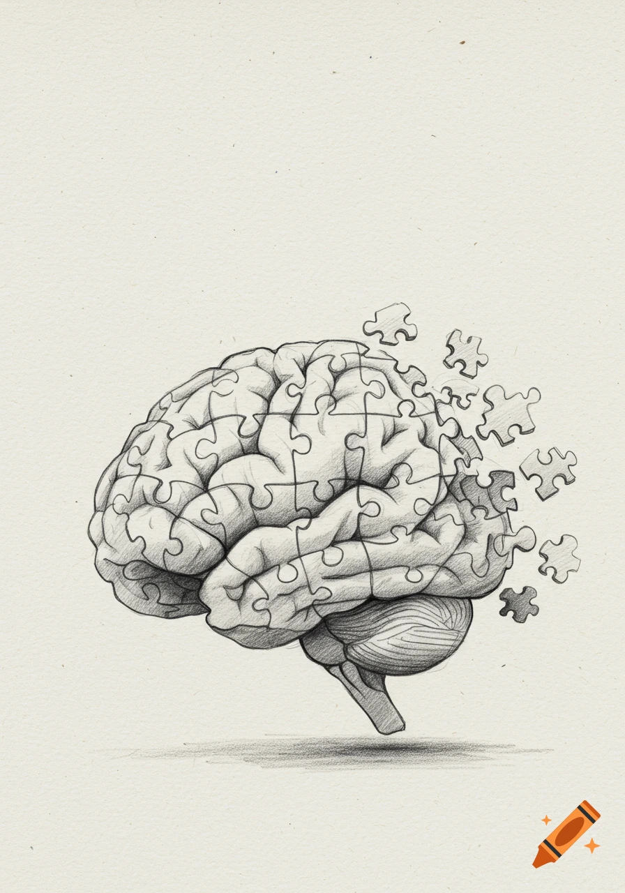 A pencil sketch of a human brain composed of jigsaw puzzle pieces, with several pieces detaching and scattering from the right side.