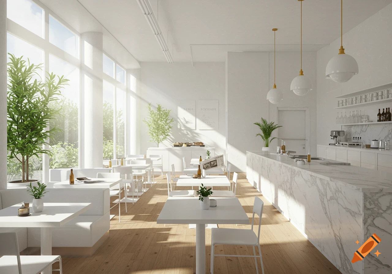 Bright, modern cafe interior with white tables, chairs, a long marble counter, and large windows with lush green plants.