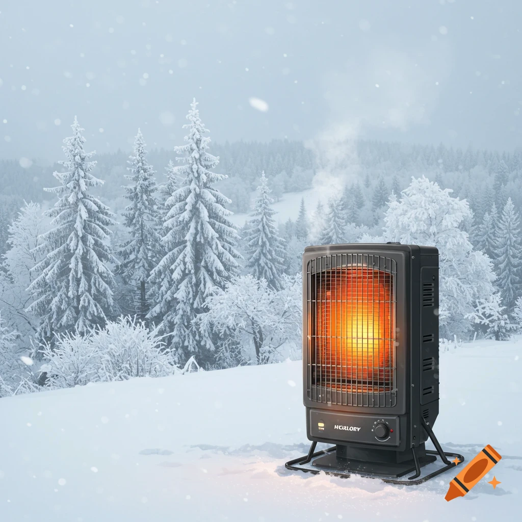 A black portable electric heater with an orange glow stands in a snowy landscape with snow-covered pine trees and hills under a cloudy sky.