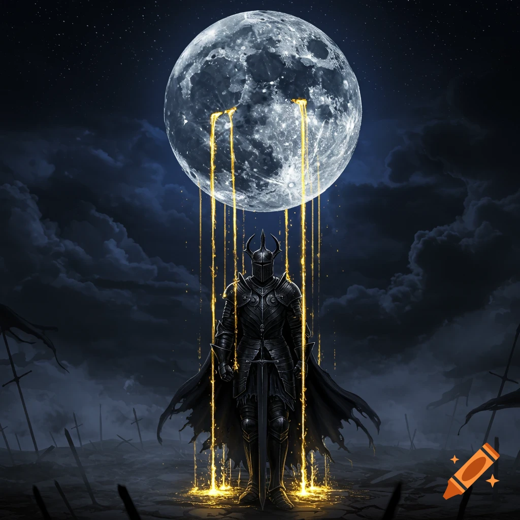 A black armored knight stands under a large moon with golden tears streaming onto him in a dark, desolate landscape. Dark fantasy art.