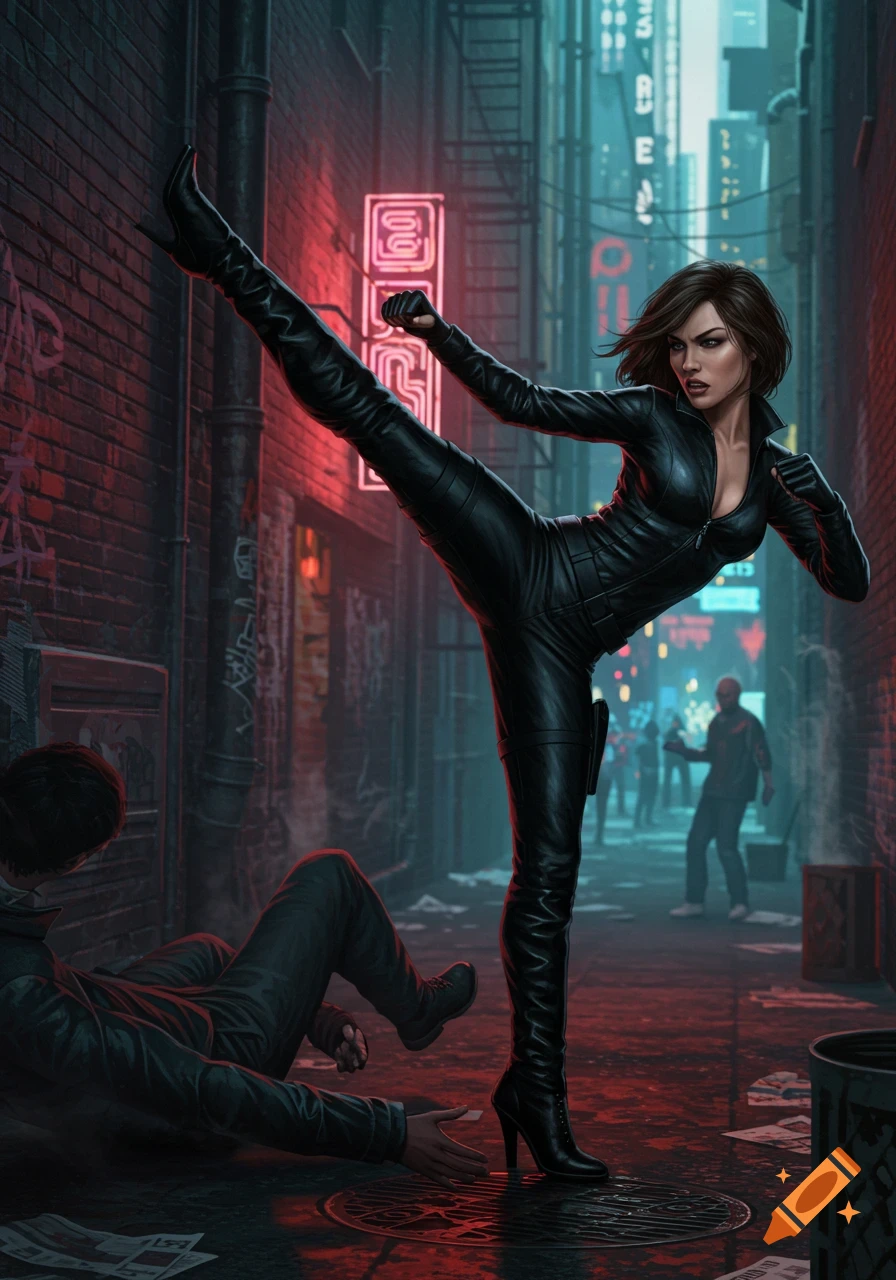 A woman in a black leather suit delivers a high kick to a man in a neon-lit urban alley. Comic art style.