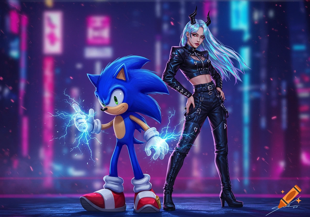 Sonic the Hedgehog stands next to a horned, blue-haired woman in a black leather cyberpunk outfit, both with glowing blue electricity, against a neon city background.