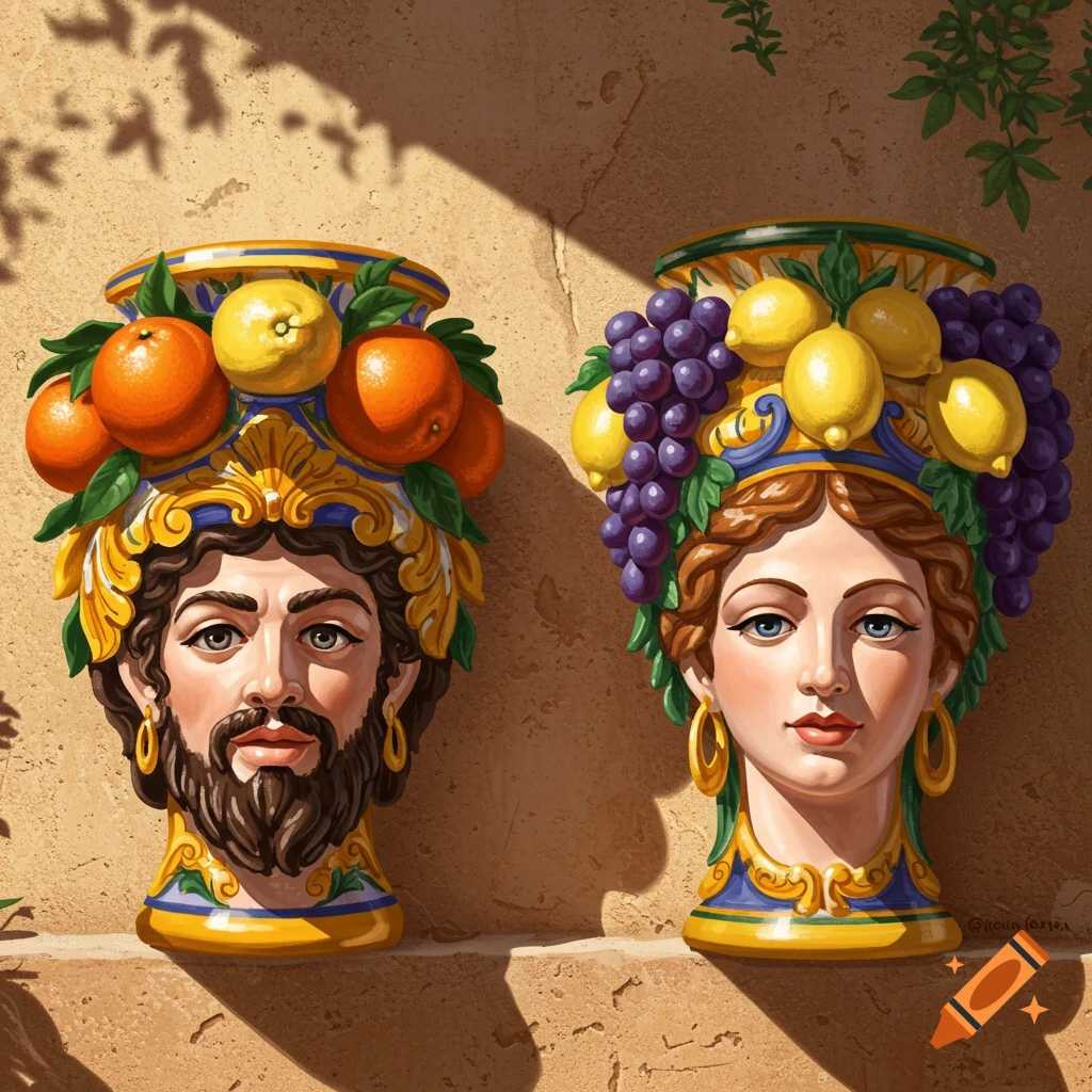 Two ornate Sicilian ceramic head vases, male with oranges and female with grapes and lemons, against a textured wall.