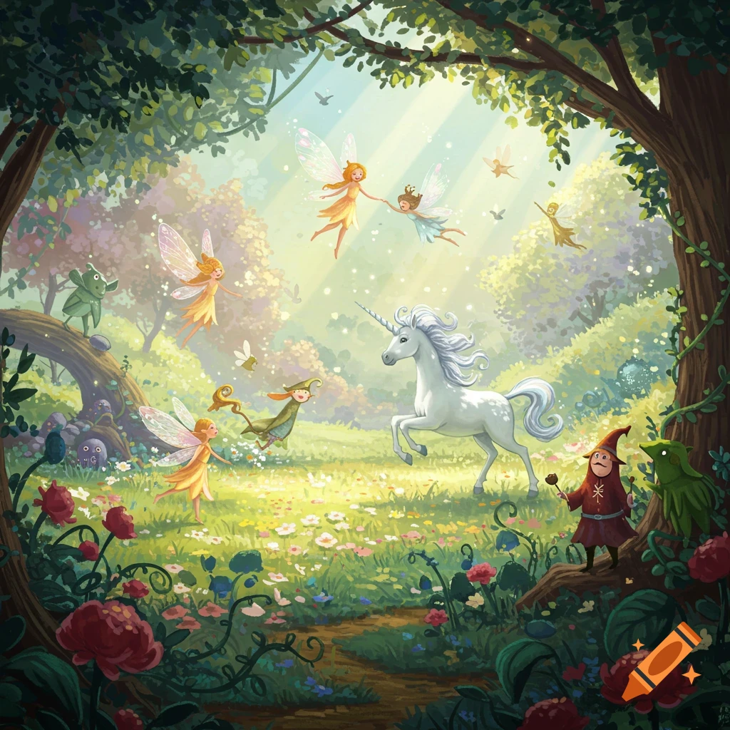 Illustrated magical forest scene with flying fairies, a unicorn, and whimsical creatures among vibrant flowers and trees.