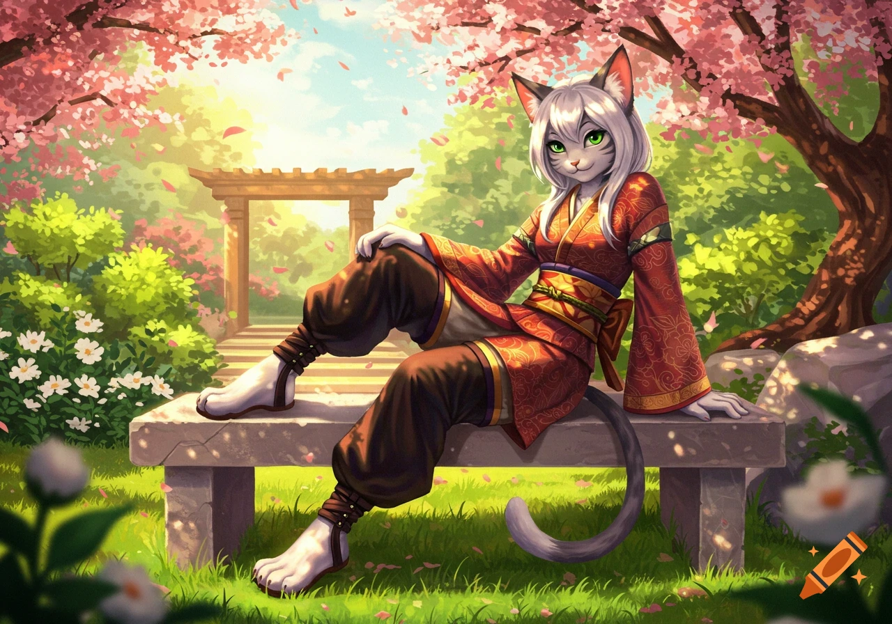 A white-haired cat-girl with green eyes sits on a stone bench in a vibrant anime-style Japanese garden with pink cherry blossoms.