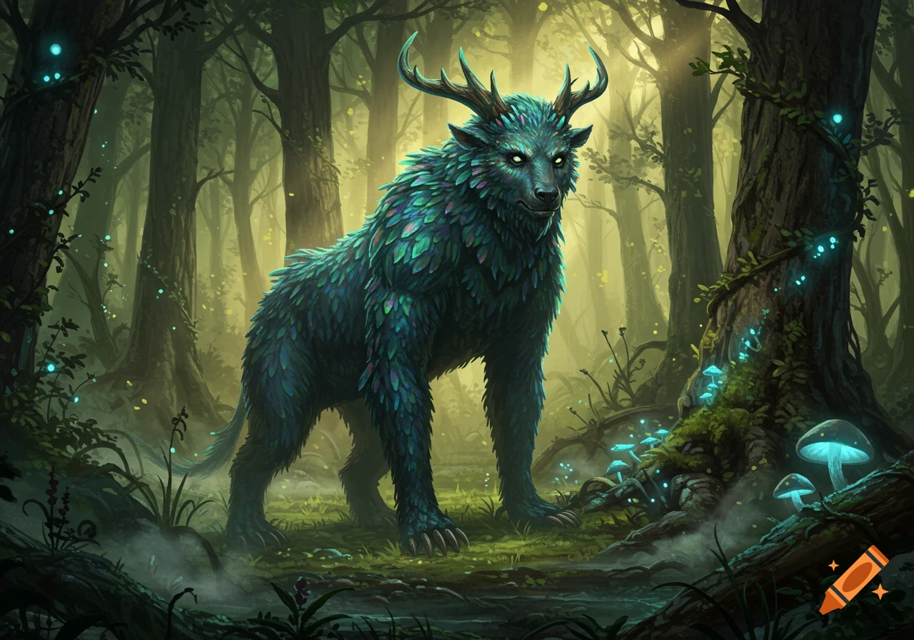 A large, dark green, antlered creature with glowing eyes and leafy fur stands in a mystical forest with glowing blue mushrooms.
