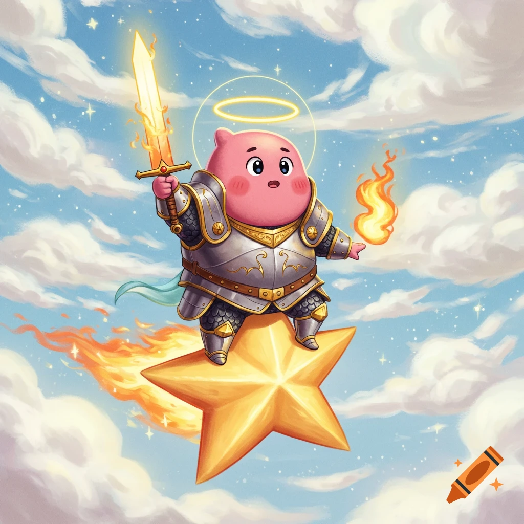 A cute pink, round character in medieval armor with a halo, wielding a flaming sword, and riding a burning golden star through a cloudy sky.