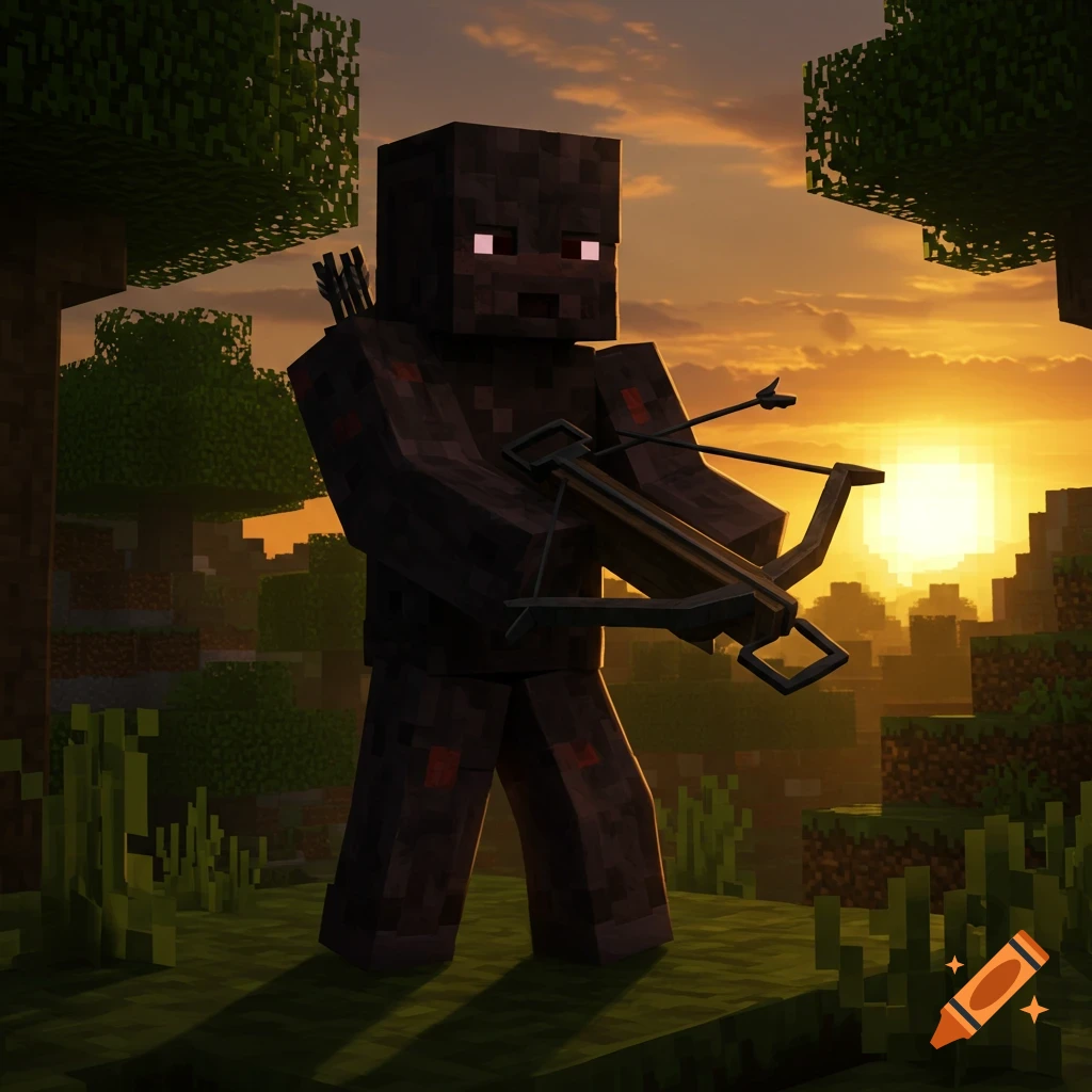 A blocky Minecraft Pillager with glowing eyes holds a crossbow in a forest at sunset.