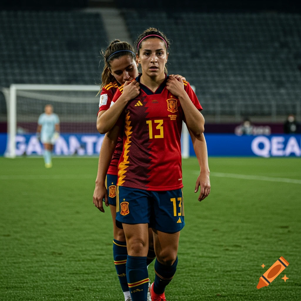 Two female soccer players in red and blue uniforms on a green field. One player hugs the other from behind.