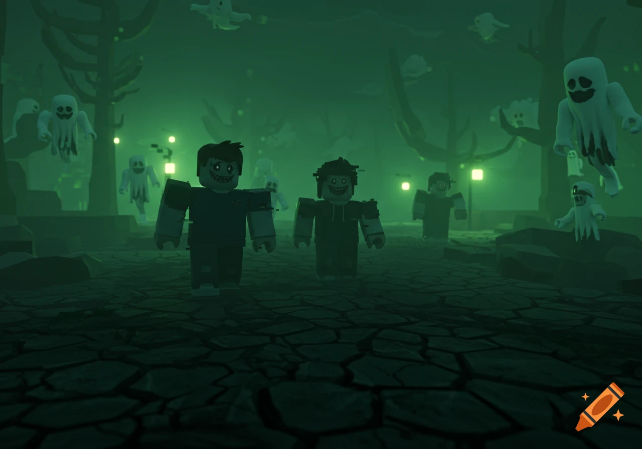 Blocky zombie characters and ghosts roam a dark, foggy, green-lit Roblox-style forest.