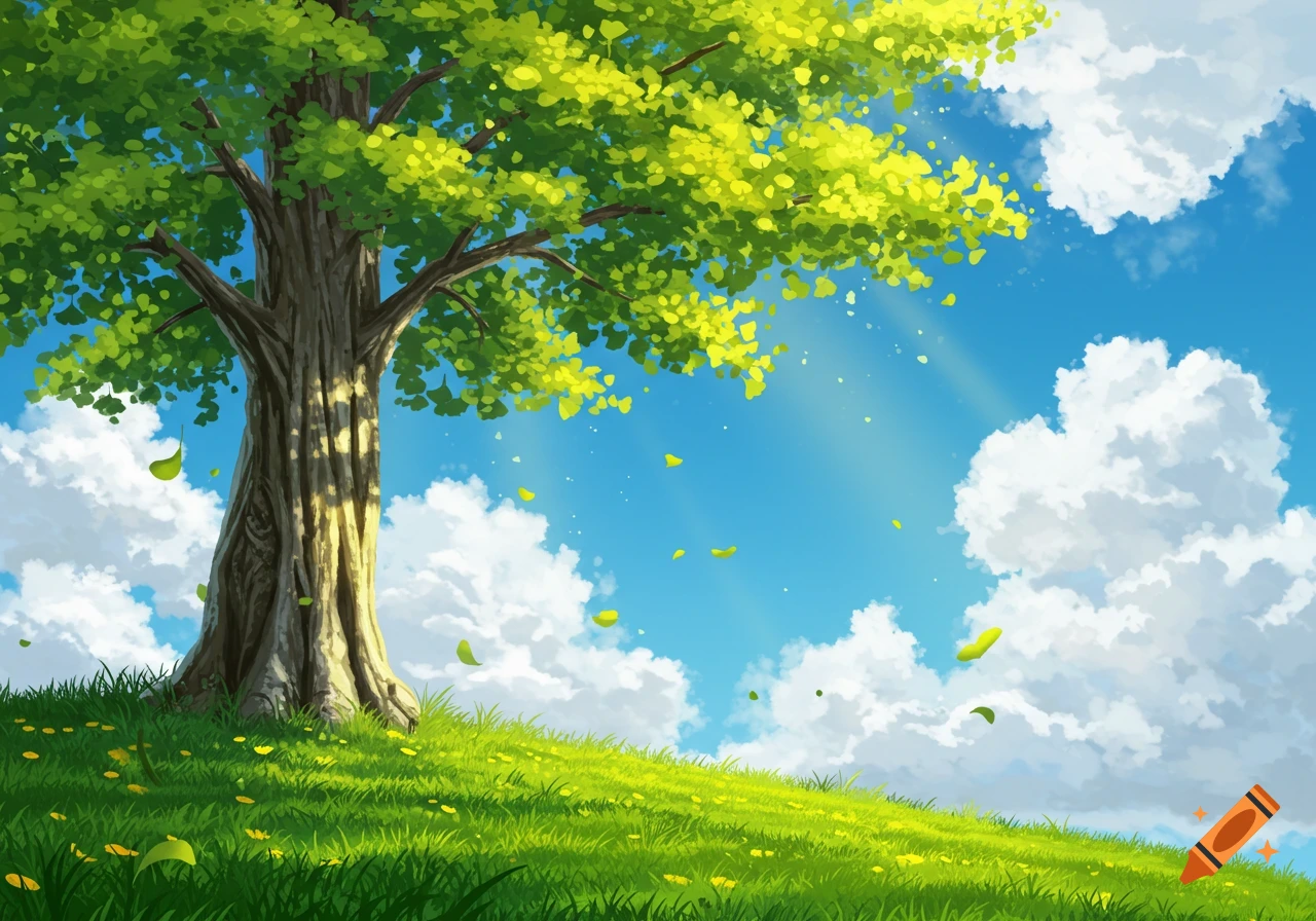 An anime illustration of a large ginkgo tree with green leaves on a grassy hill under a bright blue sky with white clouds.