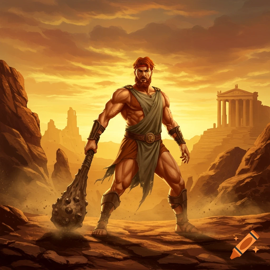 Epic illustration of a muscular, bearded Hercules holding a club, standing in a rocky desert with an ancient temple under a golden sky.