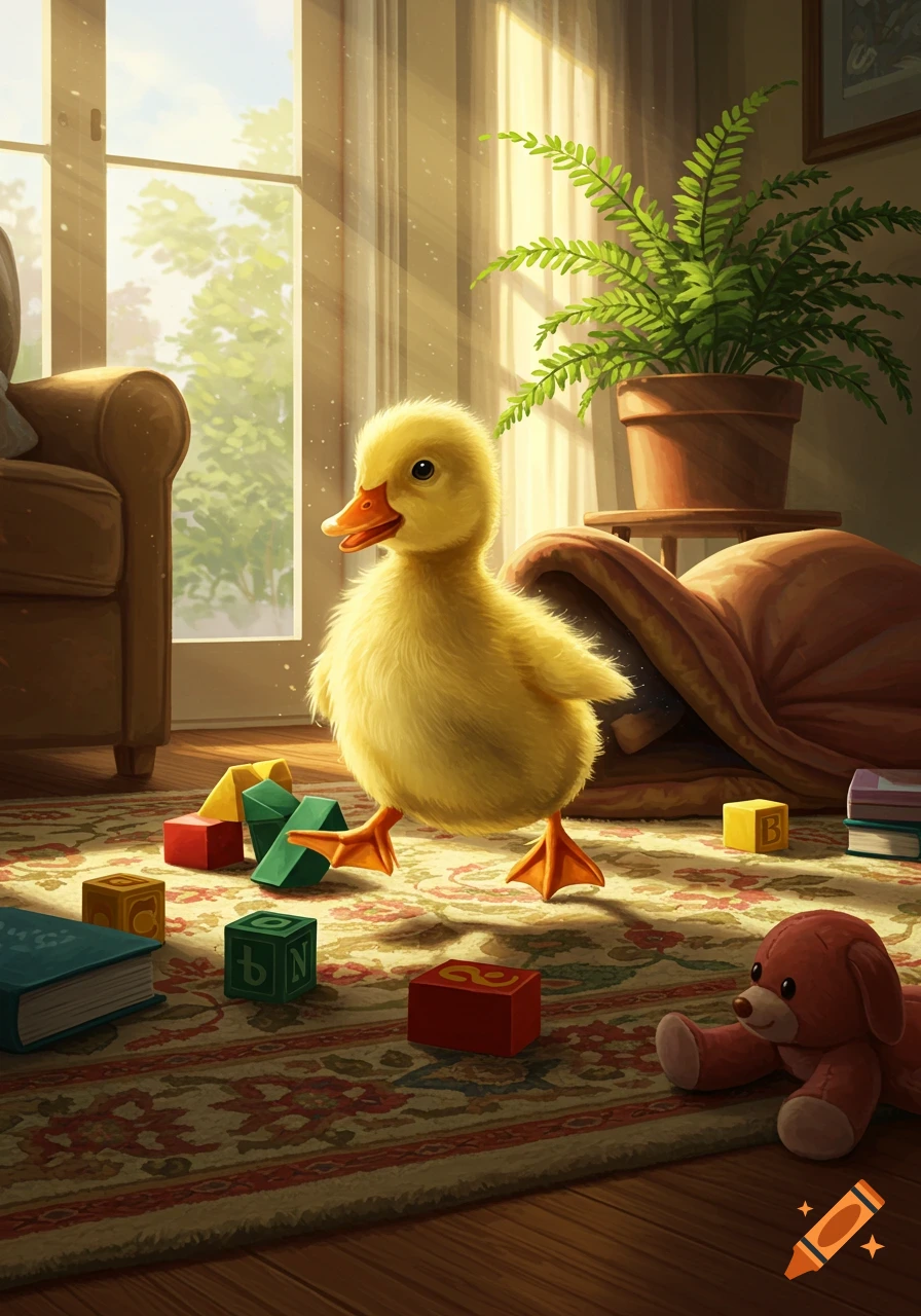 A fluffy yellow duckling stands on a patterned rug amidst scattered colorful blocks and a teddy bear in a sunlit room.