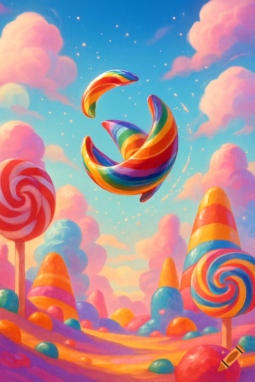 Whimsical candy land with lollipops, candy mountains, and rainbow sweets floating under a blue sky with pink clouds.