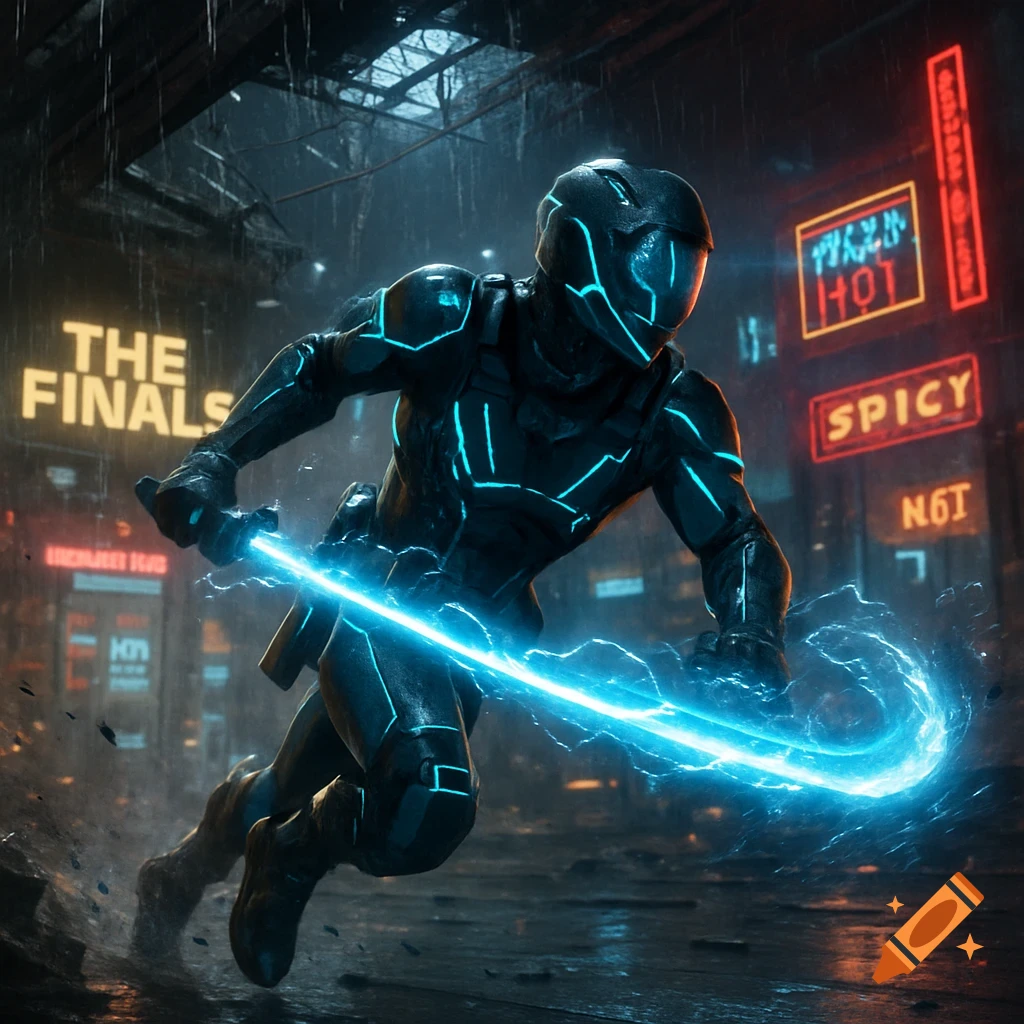 A futuristic soldier in black armor with neon blue highlights dashes forward with a glowing blue energy sword in a rainy cyberpunk cityscape with neon signs.