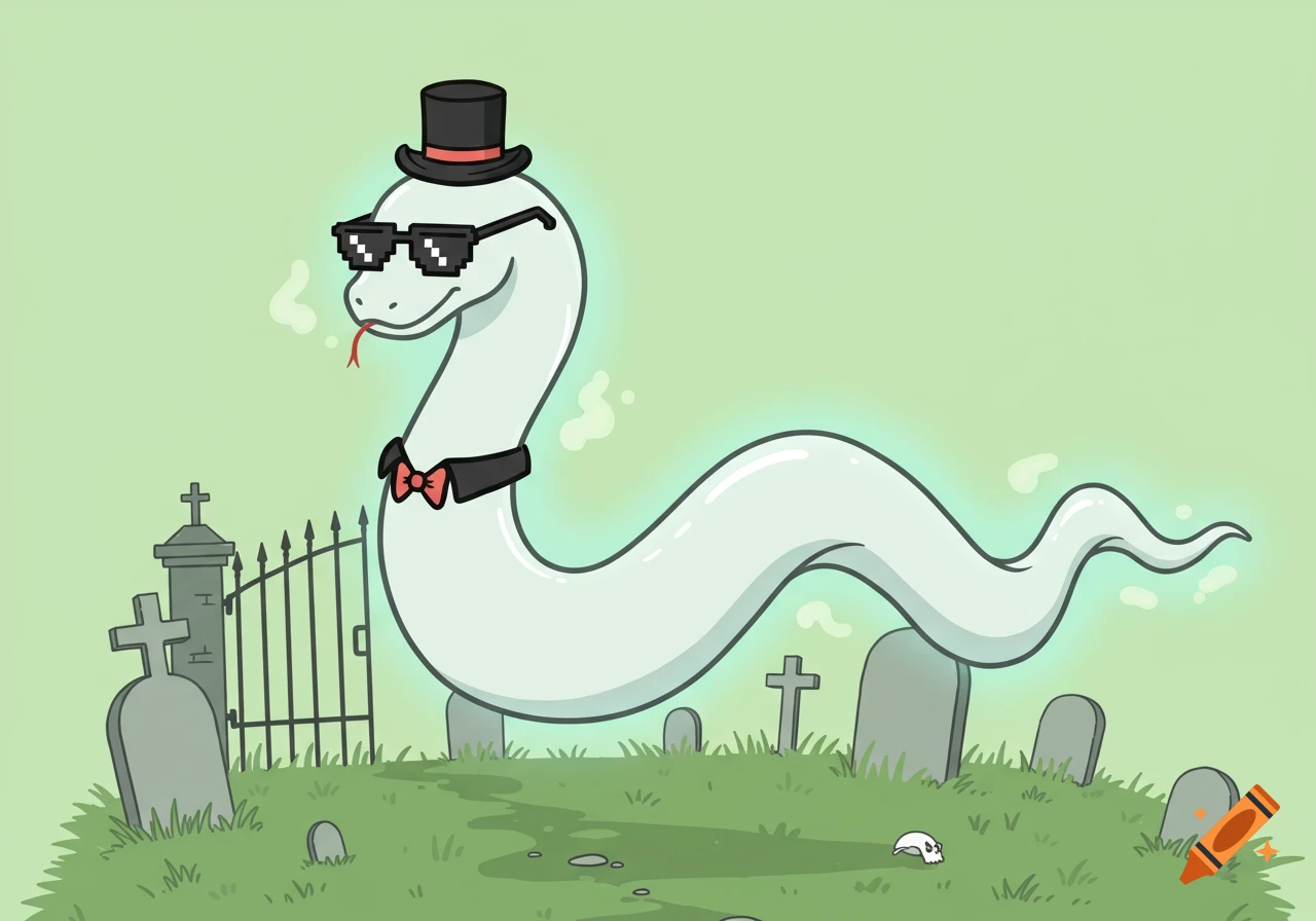 A cartoon ghost snake with a top hat, pixel sunglasses, and a bowtie floats in a cemetery with gravestones and a gate.