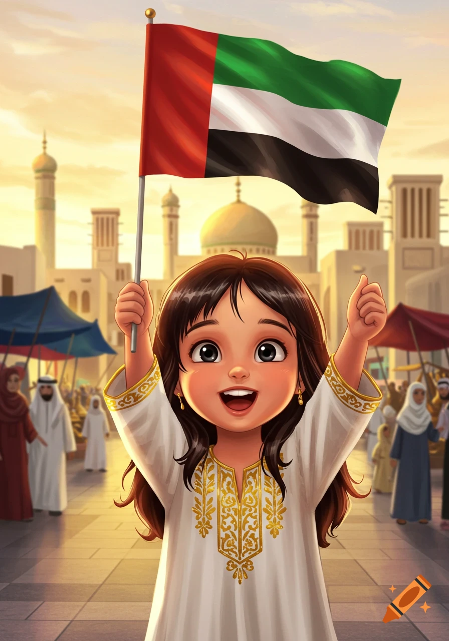 A cute cartoon girl in traditional clothing happily holds a UAE flag in a bustling market square with Middle Eastern architecture.
