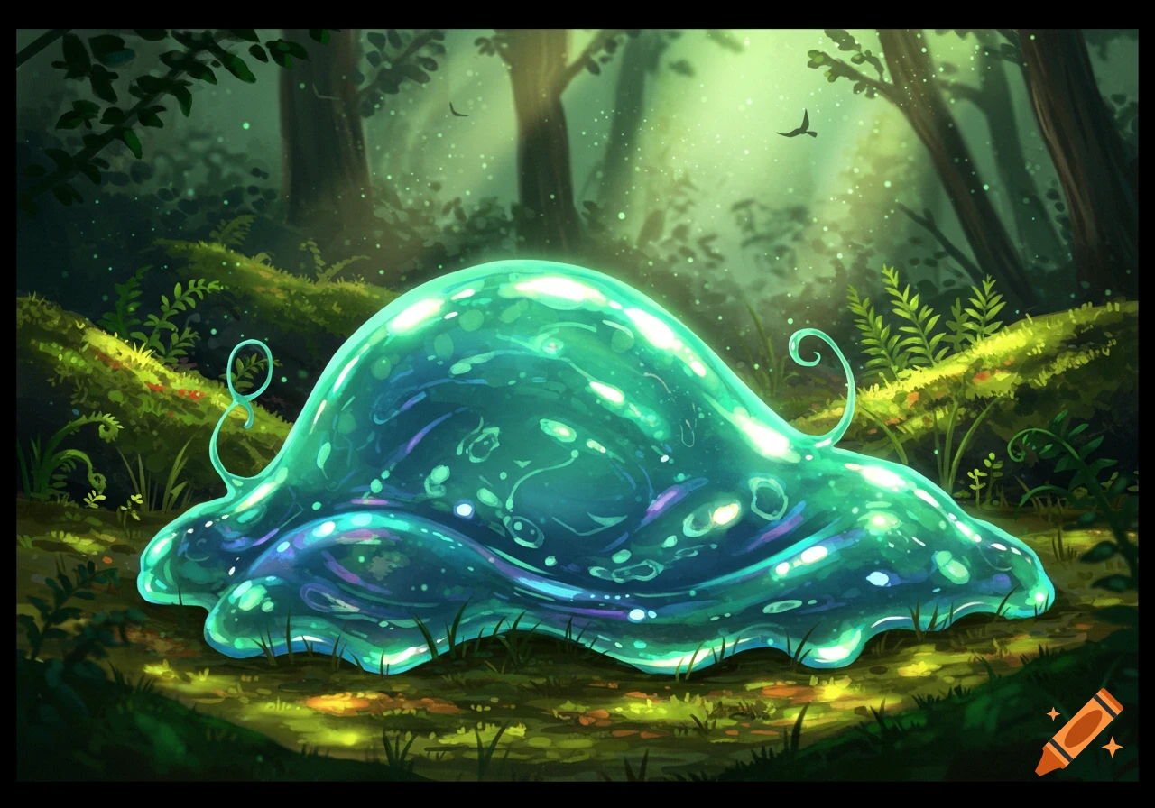 A large, glowing blue-green translucent slime creature rests in an ethereal, mossy forest with light filtering through trees.