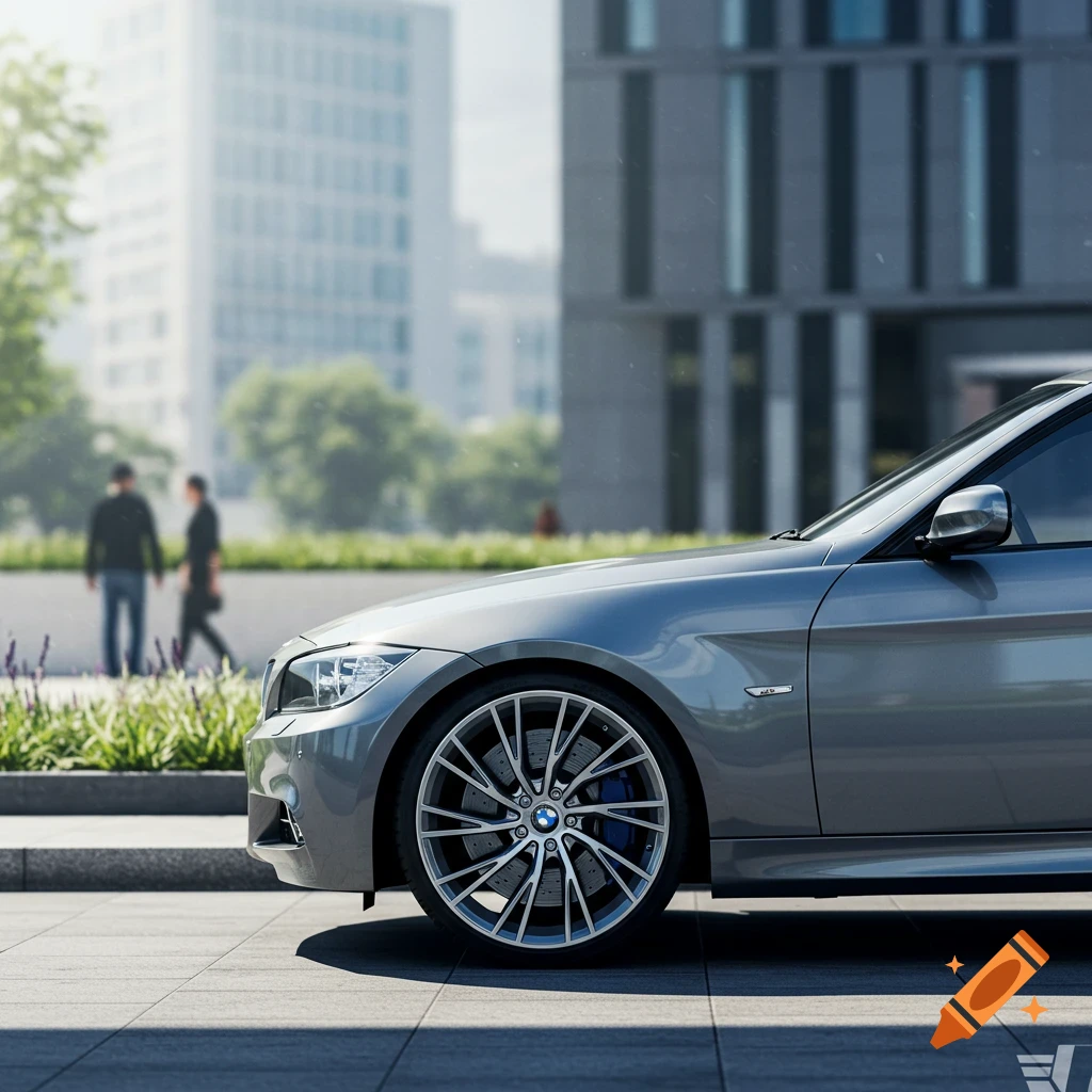 A grey BMW car with intricate silver alloy wheels is parked on a paved surface in a sunlit urban environment, with blurred buildings and people in the background. The image is photorealistic.