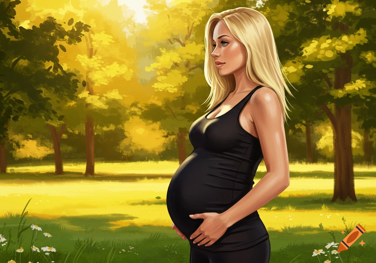 An illustrated blonde pregnant woman in a black tank top stands in a sunny park, holding her belly.
