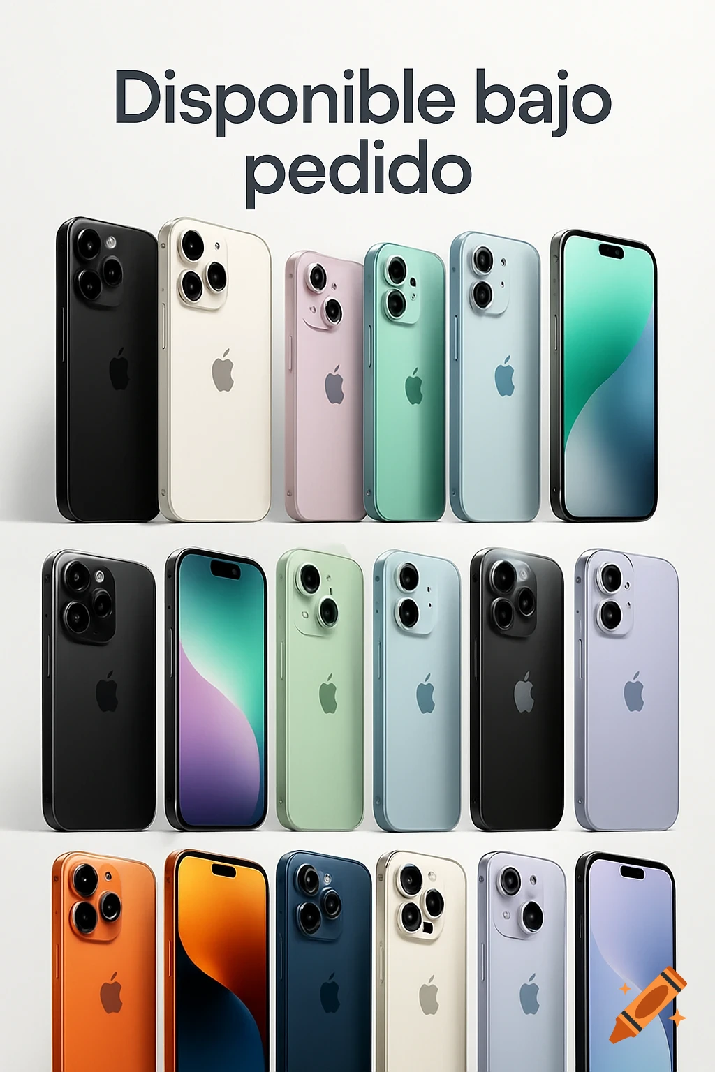Multiple rows of colorful iPhones displayed against a white background, with 'Disponible bajo pedido' text.