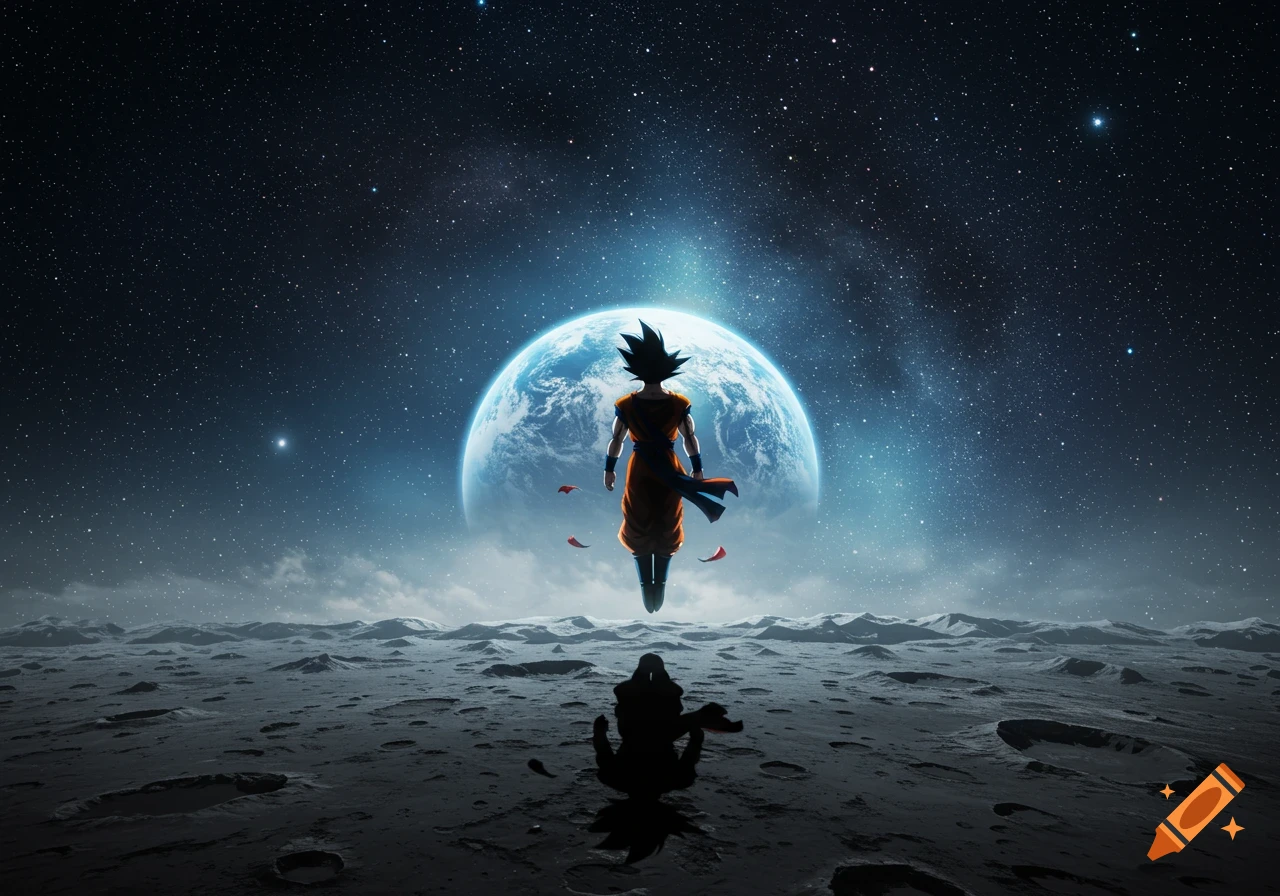 Goku floats above a cratered moon surface, gazing at a large blue Earth against a dark, star-filled cosmic background in an anime style.