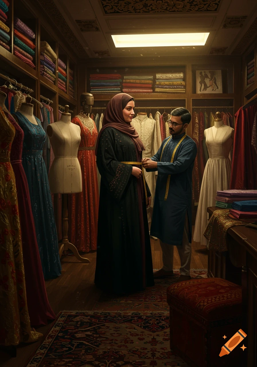 A tailor measures a woman in a dark abaya and hijab in a detailed atelier filled with mannequins and colorful fabrics.