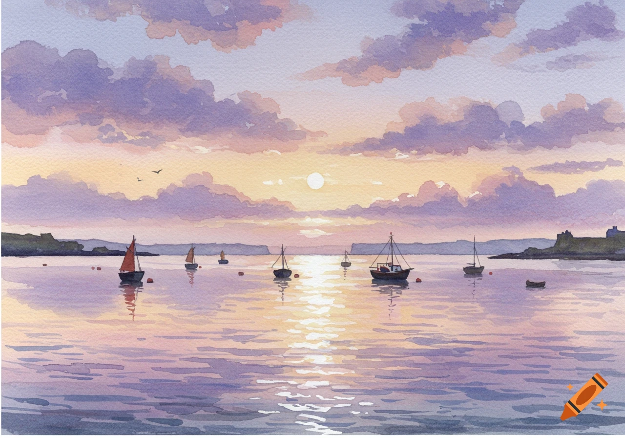 Watercolor painting of boats on a bay at sunset, with purple and orange clouds reflected on calm water.