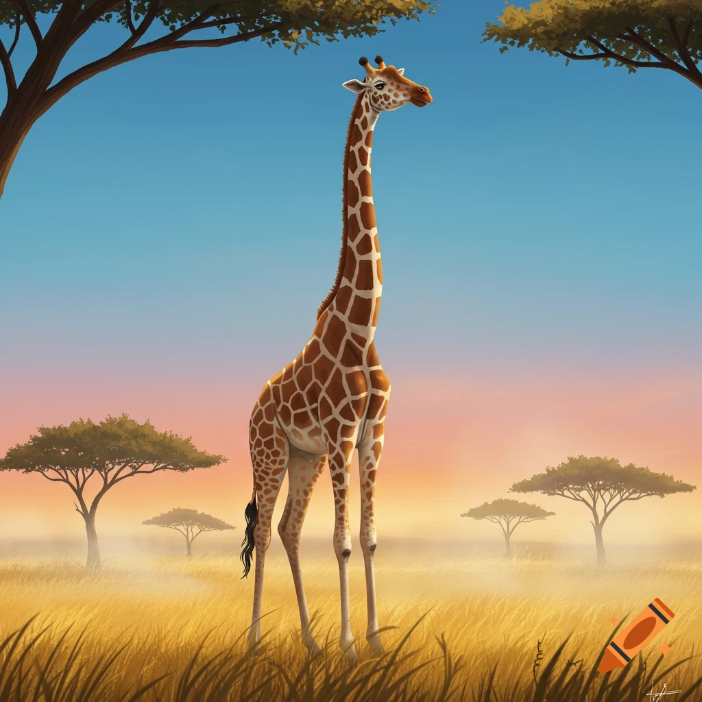 A tall giraffe stands in a golden grassy savanna under a blue and orange sunset sky, with sparse trees in the background.