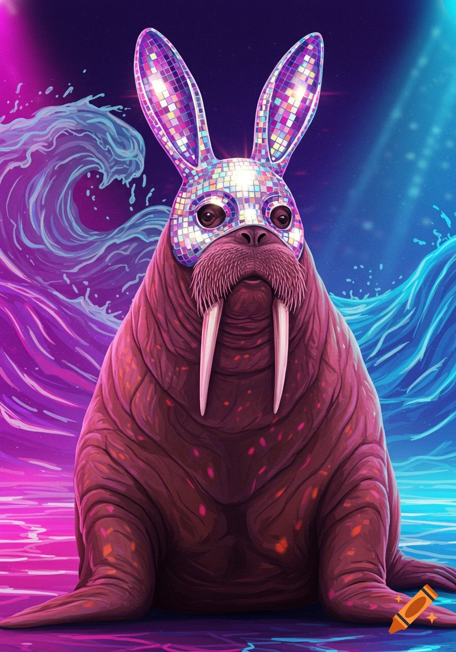 A stylized walrus wearing a shiny, disco ball-textured rabbit mask stands in vibrant purple and blue water.