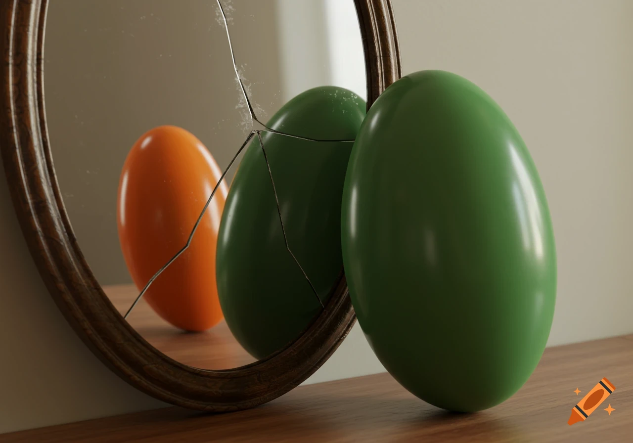 A green egg-like shape in front of a cracked mirror, showing an elongated orange reflection.