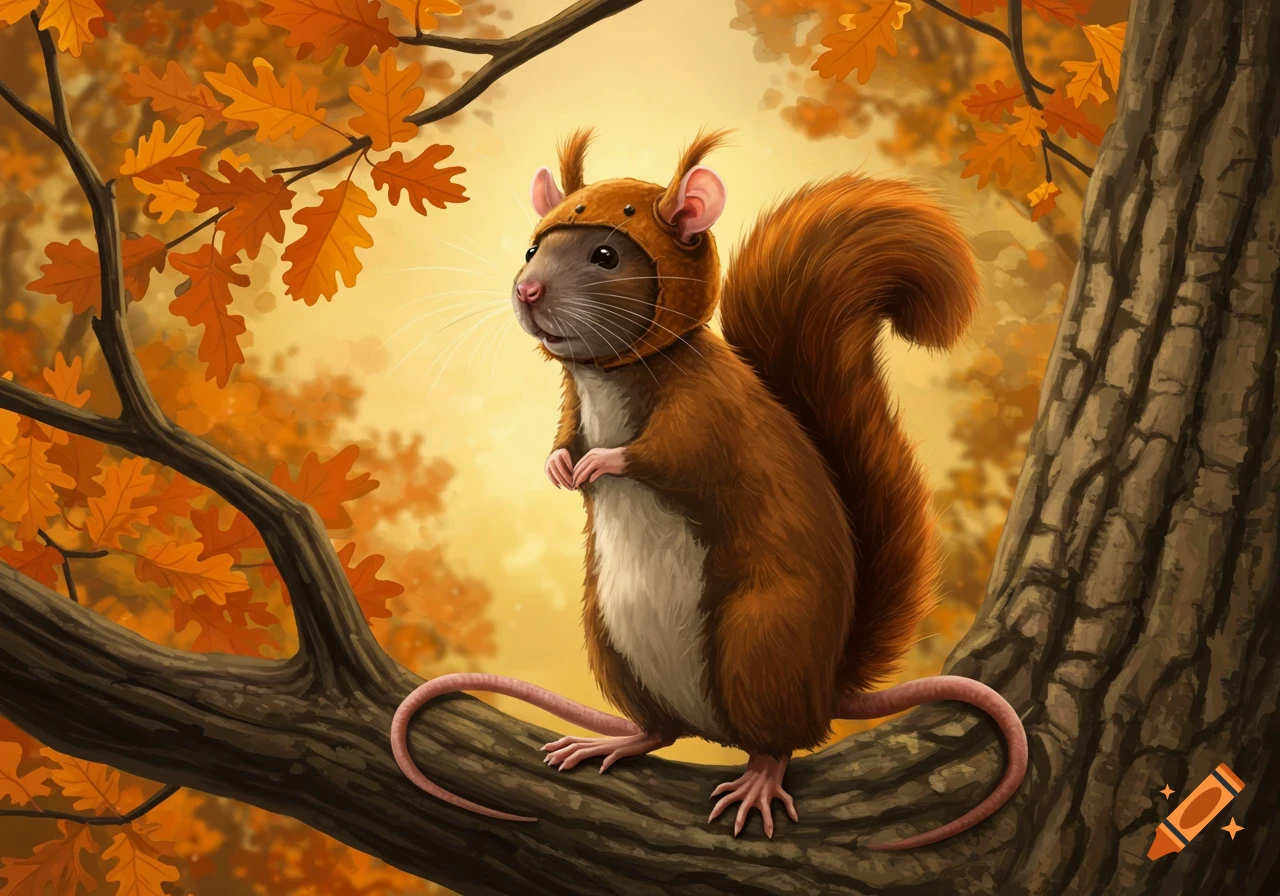 A brown rat in a squirrel costume stands on a tree branch amidst vibrant orange autumn leaves in a whimsical, illustrative style.