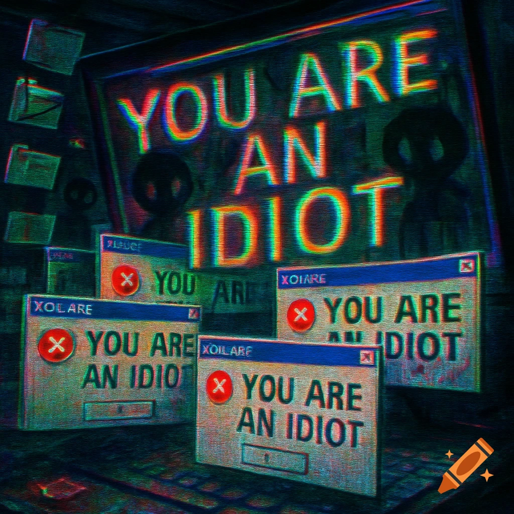 Glitchy retro computer screen with 'YOU ARE AN IDIOT' text and error pop-ups, shadowy figures.