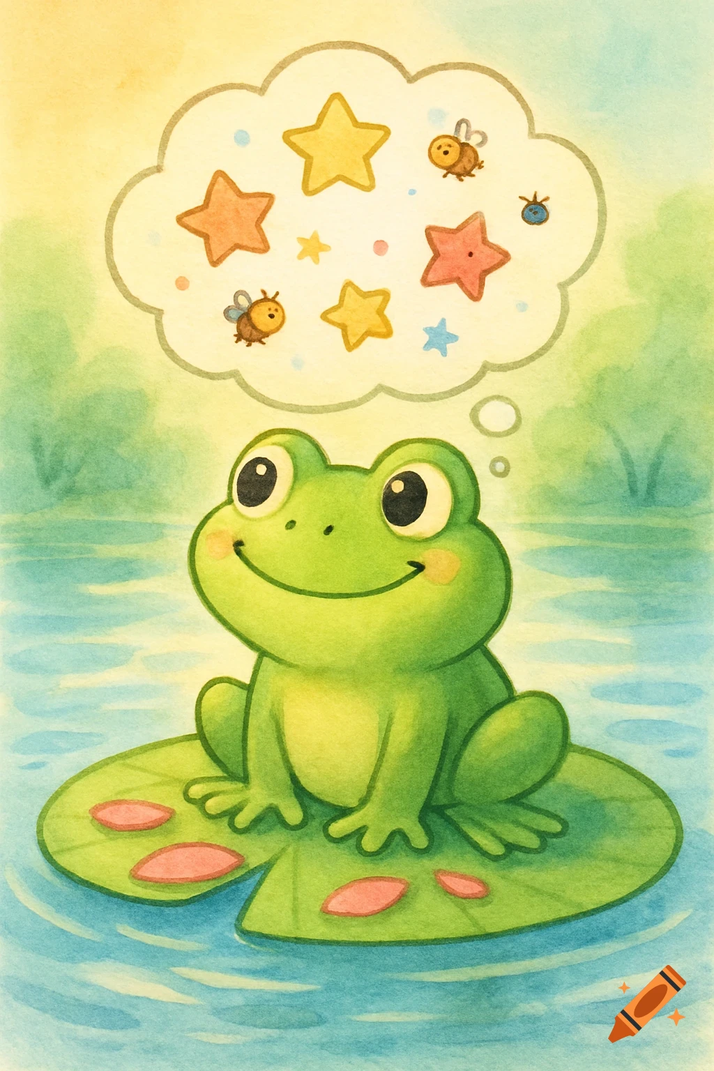 Cute green watercolor frog on a lily pad, smiling, with a thought bubble of stars and bees.