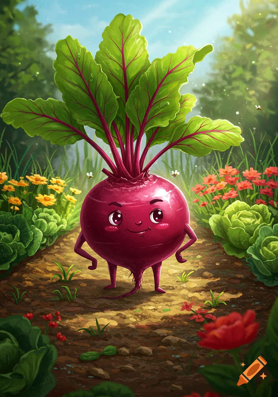 Cute, anthropomorphic beet with green leaves smiling in a vibrant garden path, cartoon style.