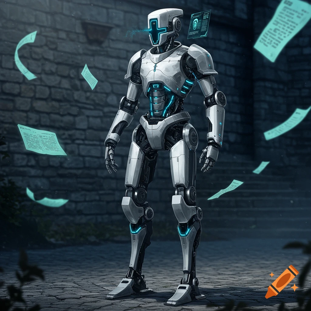 A sleek white and grey robot with blue glowing accents stands in a dark brick alley with glowing blue papers floating around it.