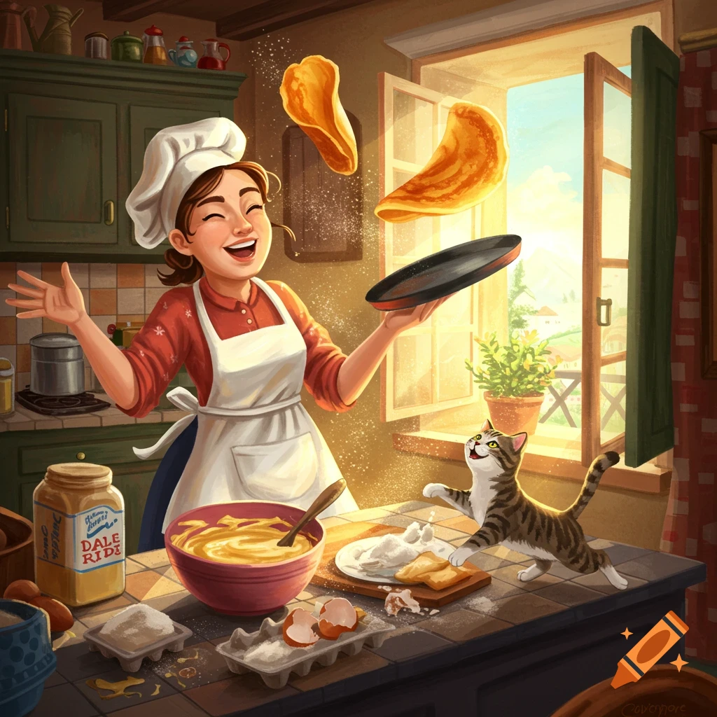 A smiling cartoon woman in a chef's hat and apron tosses pancakes in a vibrant kitchen while a cat plays with flour on the counter.