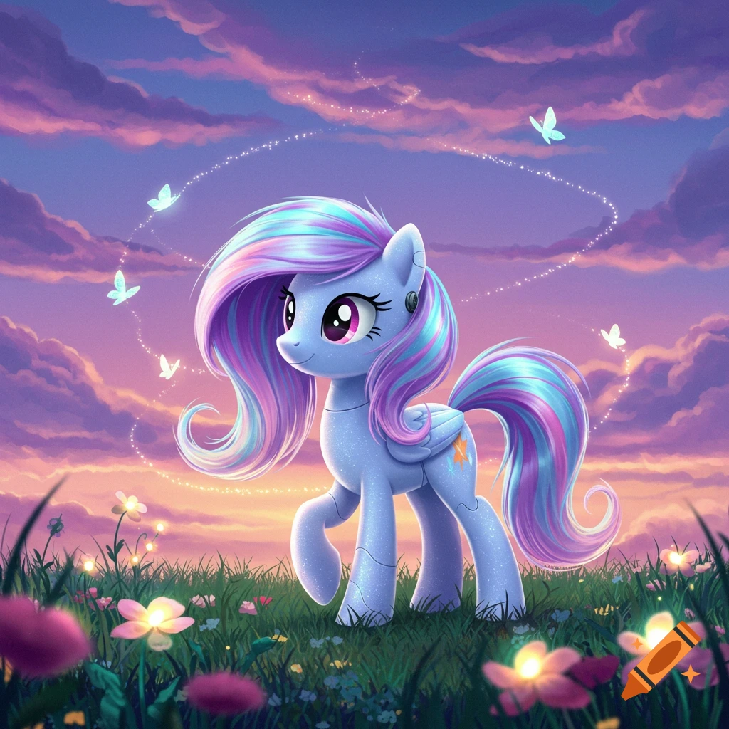 A sparkling light blue My Little Pony with purple and blue hair walks through a glowing flower field at sunset, with magical butterflies.