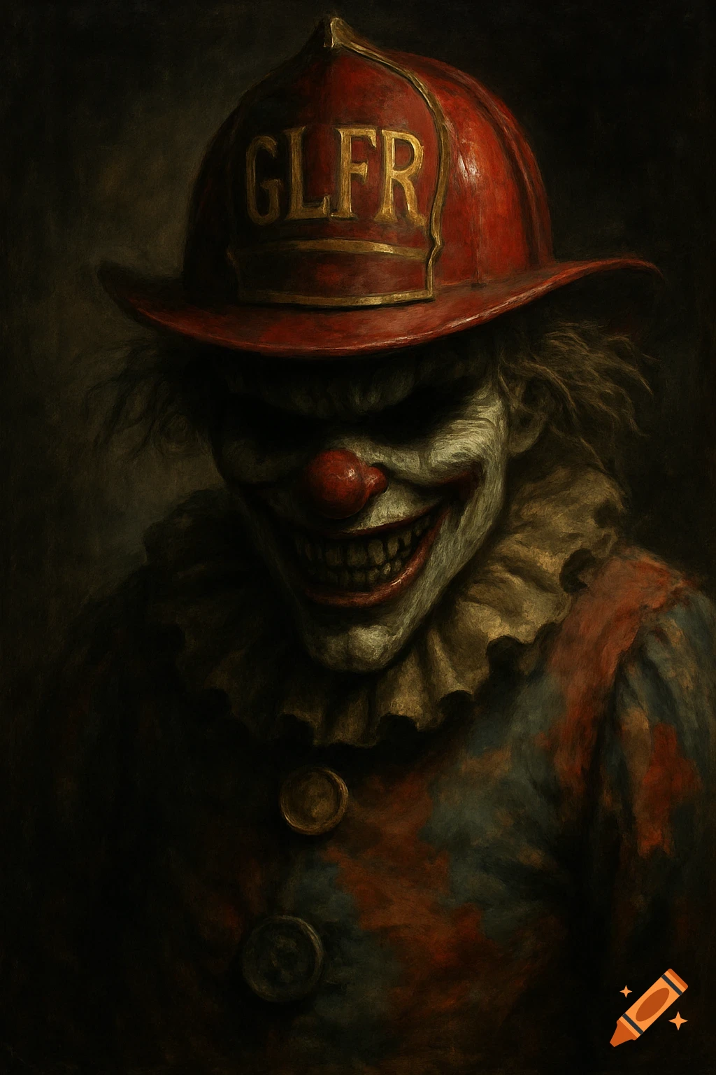 A frightening, sinister clown in a dark, painterly style, wearing a red fireman's hat with 'GLFR' and a ruffled collar, smiling with sharp teeth.