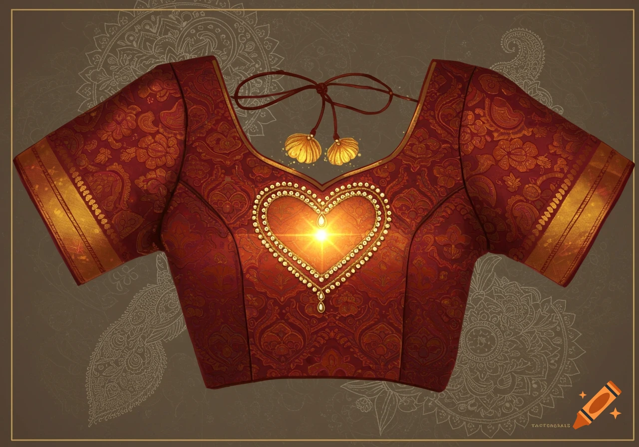Red traditional Indian blouse with intricate gold patterns, heart-shaped pearl design, and gold trim.