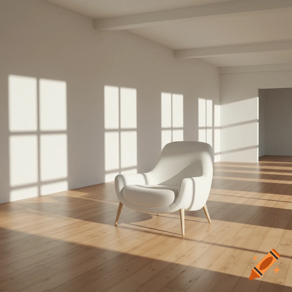 A modern white armchair sits in a sunlit minimalist room with light wooden floors and white walls.