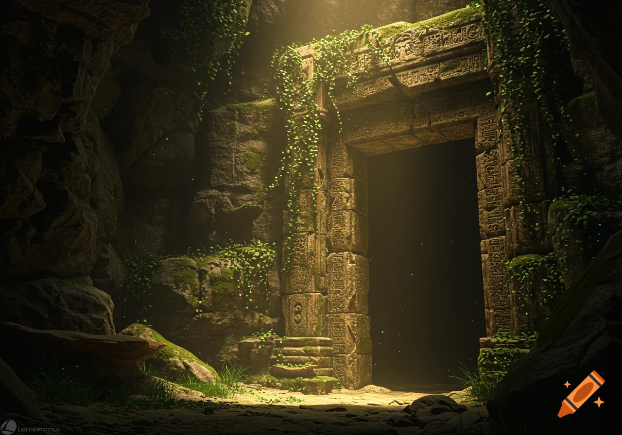 A sunlit ancient stone doorway, covered in vines, stands within a dark, mossy cavern.