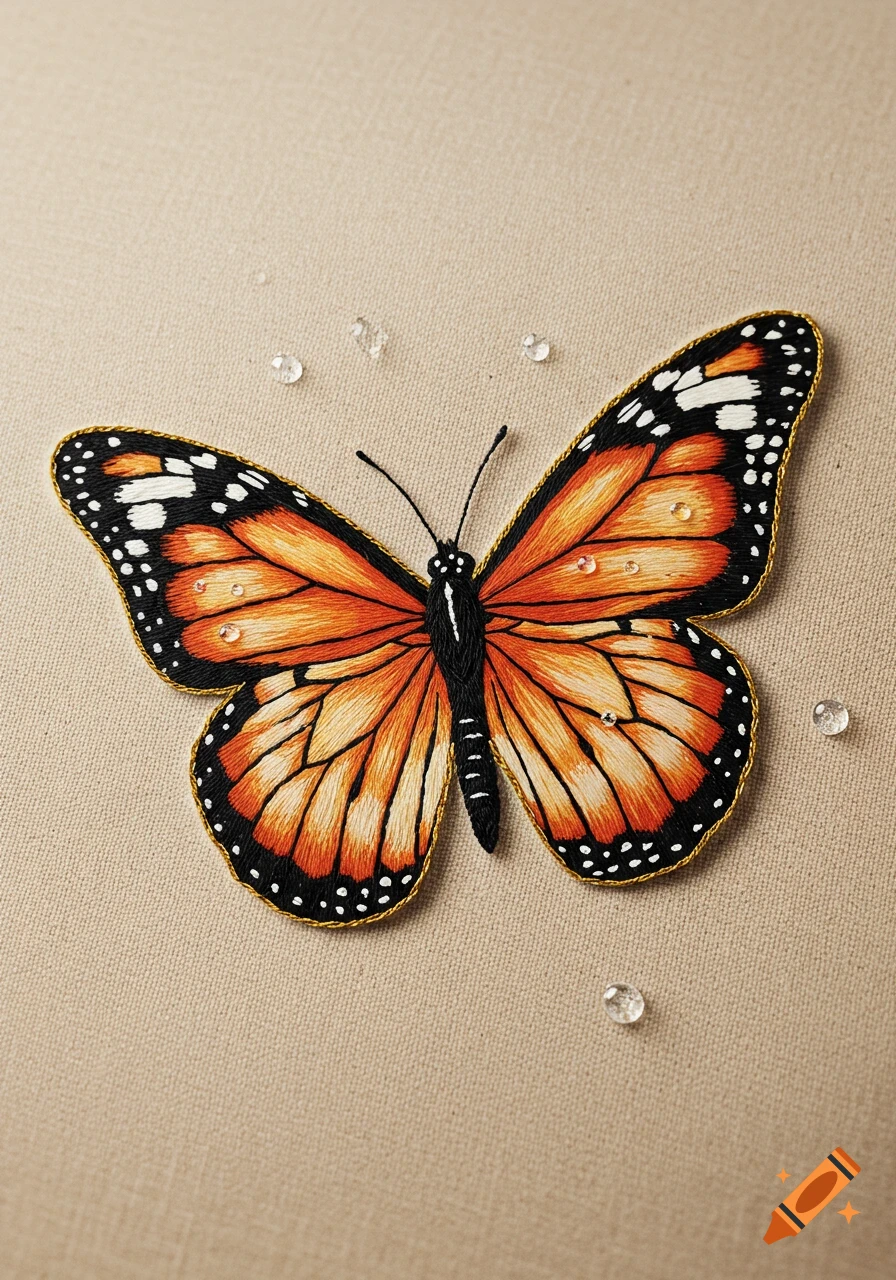 Detailed embroidery of a monarch butterfly with orange and black wings, white spots, and clear beads on a beige fabric background.