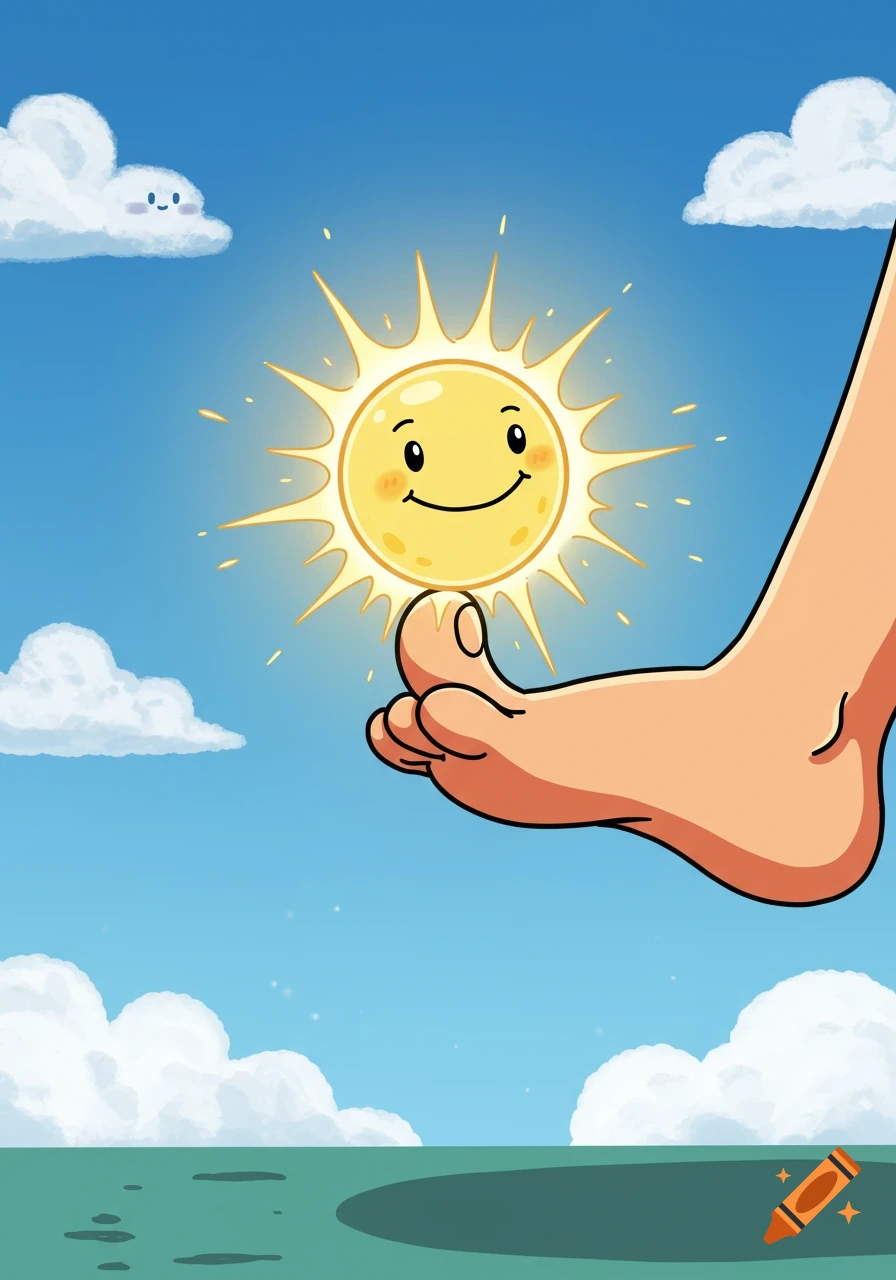 A cartoon foot balances a smiling sun against a blue sky with clouds and a green ground.
