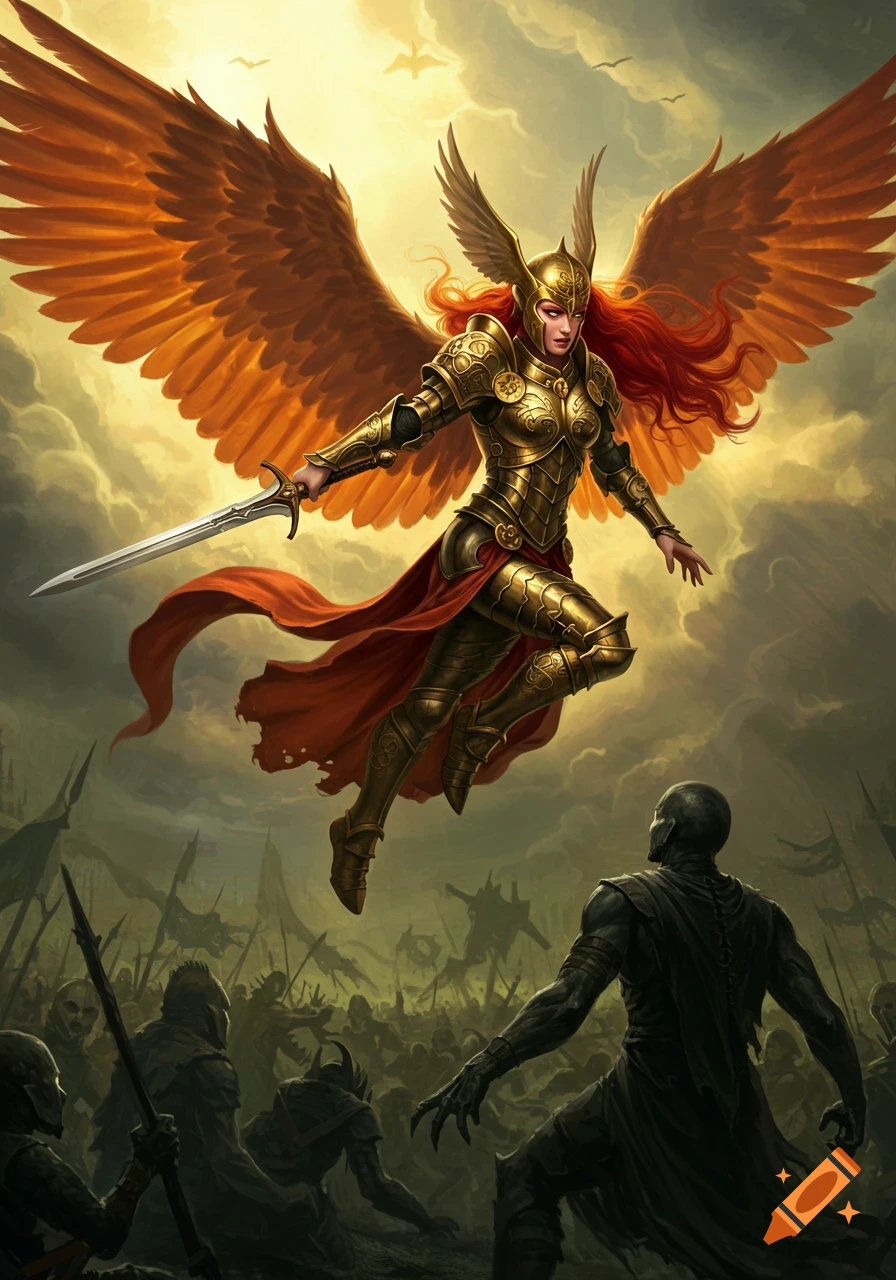 Golden-armored Valkyrie with large orange wings and red hair descends with a sword over a dark battlefield, oil painting style.
