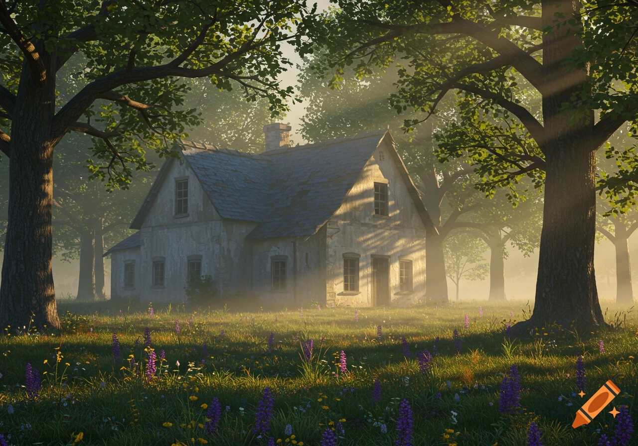 Photorealistic image of an old country house in a sun-dappled forest, surrounded by purple and yellow wildflowers.